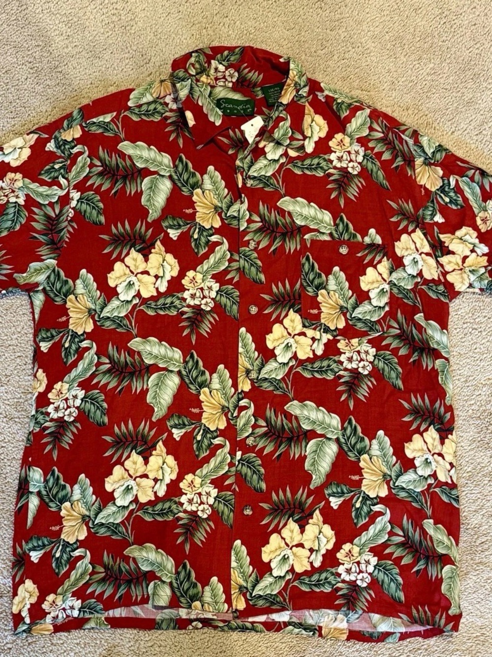 Island Wear Hawaiian Shirt Men L Red Floral Tropic Beach SS Rayon